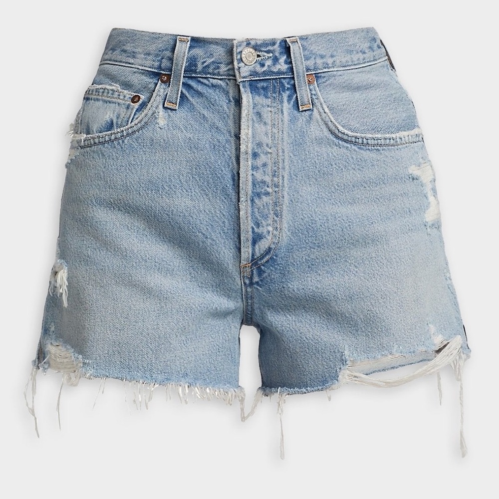 Agolde Light Blue Distressed High-Rise Jean Shorts